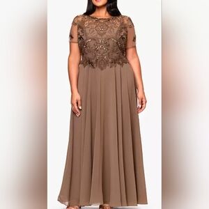 Xscape Driftwood/Taupe Colored Maxi Short Sleeve Mesh Embellished Gown.